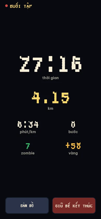 Màn hình chế độ tập: 27:16, 4,15 km, 6:34 phút/km, 7 zombie, +58 vàng
