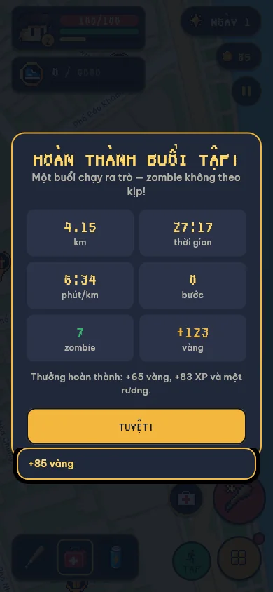 Thẻ tổng kết: Hoàn thành buổi tập, 4,15 km, 27:17, +123 vàng